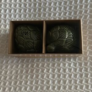 Dark Green Ceramic Artichoke Figural Salt and Pepper Shaker Set